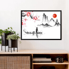 Obraz w ramie Tradycyjne japońskie malarstwo - podróż łodzią