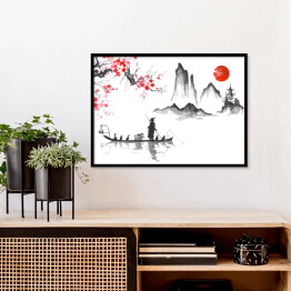 Plakat w ramie Tradycyjne japońskie malarstwo - podróż łodzią