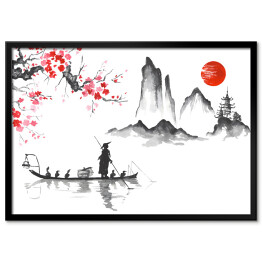 Plakat w ramie Tradycyjne japońskie malarstwo - podróż łodzią
