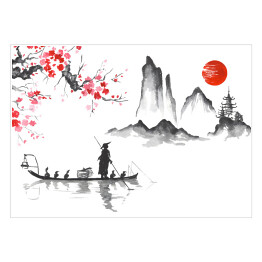 Plakat samoprzylepny Tradycyjne japońskie malarstwo - podróż łodzią