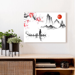 Obraz na płótnie Tradycyjne japońskie malarstwo - podróż łodzią