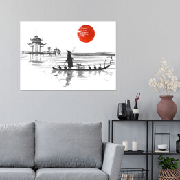 Plakat samoprzylepny Tradycyjny japoński obraz - człowiek w łodzi