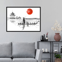 Plakat w ramie Tradycyjny japoński obraz - człowiek w łodzi