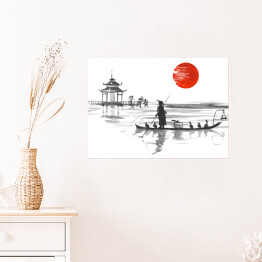 Plakat samoprzylepny Tradycyjny japoński obraz - człowiek w łodzi