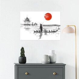 Plakat Tradycyjny japoński obraz - człowiek w łodzi