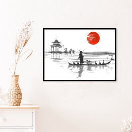 Plakat w ramie Tradycyjny japoński obraz - człowiek w łodzi