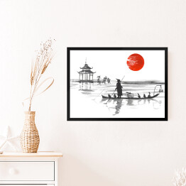 Obraz w ramie Tradycyjny japoński obraz - człowiek w łodzi