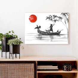 Obraz na płótnie Tradycyjny japoński obraz - człowiek w łodzi na rzece