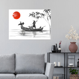 Plakat Tradycyjny japoński obraz - człowiek w łodzi na rzece