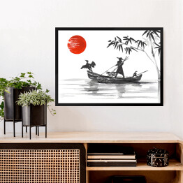 Obraz w ramie Tradycyjny japoński obraz - człowiek w łodzi na rzece
