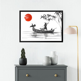 Obraz w ramie Tradycyjny japoński obraz - człowiek w łodzi na rzece