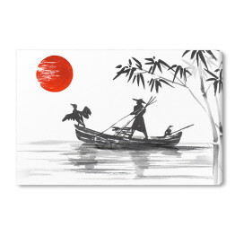 Obraz na płótnie Tradycyjny japoński obraz - człowiek w łodzi na rzece