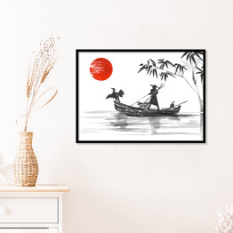 Plakat w ramie Tradycyjny japoński obraz - człowiek w łodzi na rzece