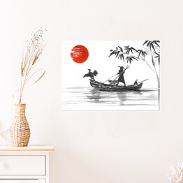 Plakat samoprzylepny Tradycyjny japoński obraz - człowiek w łodzi na rzece