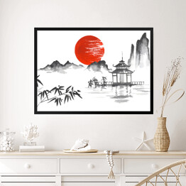 Obraz w ramie Tradycyjny japoński obraz - zachód słońca za górami