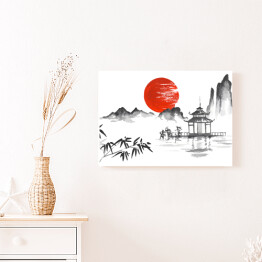 Obraz na płótnie Tradycyjny japoński obraz - zachód słońca za górami