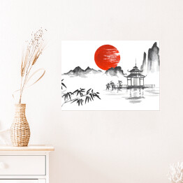 Plakat samoprzylepny Tradycyjny japoński obraz - zachód słońca za górami