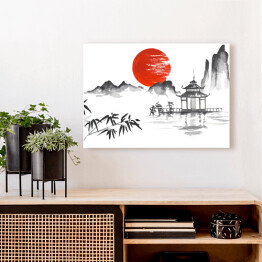 Obraz na płótnie Tradycyjny japoński obraz - zachód słońca za górami