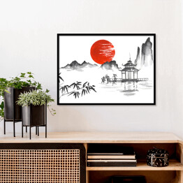 Plakat w ramie Tradycyjny japoński obraz - zachód słońca za górami
