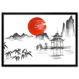 Plakat w ramie Tradycyjny japoński obraz - zachód słońca za górami