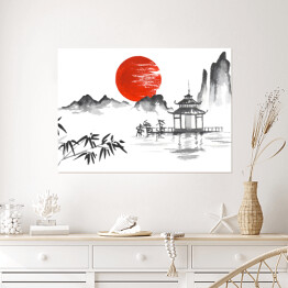 Plakat samoprzylepny Tradycyjny japoński obraz - zachód słońca za górami