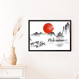 Obraz w ramie Tradycyjny japoński obraz - zachód słońca za górami