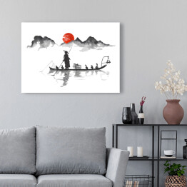 Obraz na płótnie Tradycyjne japońskie malarstwo - podróż łodzią na tle gór