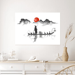 Plakat Tradycyjne japońskie malarstwo - podróż łodzią na tle gór