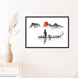 Plakat w ramie Tradycyjne japońskie malarstwo - podróż łodzią na tle gór