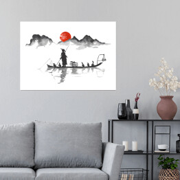 Plakat samoprzylepny Tradycyjne japońskie malarstwo - podróż łodzią na tle gór