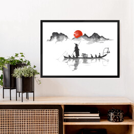 Obraz w ramie Tradycyjne japońskie malarstwo - podróż łodzią na tle gór