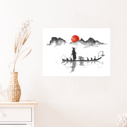 Plakat samoprzylepny Tradycyjne japońskie malarstwo - podróż łodzią na tle gór