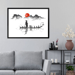 Obraz w ramie Tradycyjne japońskie malarstwo - podróż łodzią na tle gór