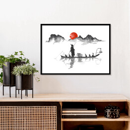 Plakat w ramie Tradycyjne japońskie malarstwo - podróż łodzią na tle gór