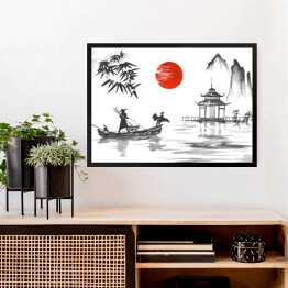 Obraz w ramie Tradycyjny japoński obraz - człowiek z łodzi przy altanie