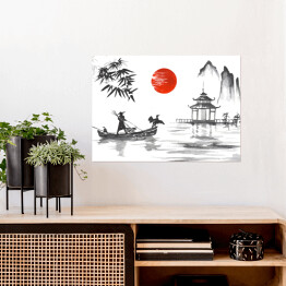 Plakat Tradycyjny japoński obraz - człowiek z łodzi przy altanie