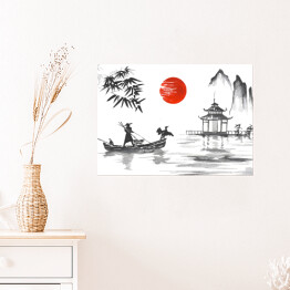 Plakat Tradycyjny japoński obraz - człowiek z łodzi przy altanie