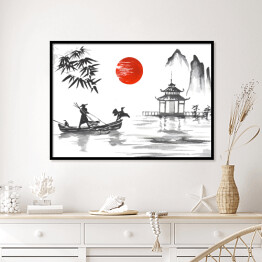 Plakat w ramie Tradycyjny japoński obraz - człowiek z łodzi przy altanie