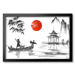 Obraz w ramie Tradycyjny japoński obraz - człowiek z łodzi przy altanie