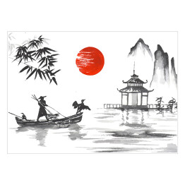 Plakat samoprzylepny Tradycyjny japoński obraz - człowiek z łodzi przy altanie
