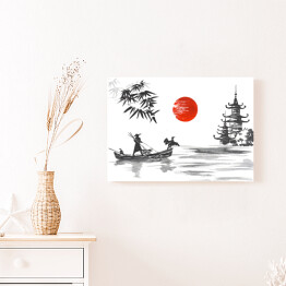 Obraz na płótnie Tradycyjny japoński obraz - człowiek w łodzi oraz żuraw