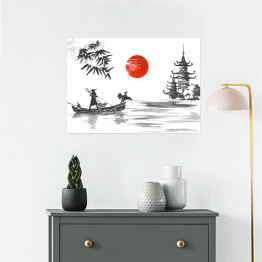 Plakat Tradycyjny japoński obraz - człowiek w łodzi oraz żuraw