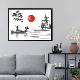 Obraz w ramie Tradycyjny japoński obraz - człowiek w łodzi oraz żuraw