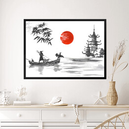 Obraz w ramie Tradycyjny japoński obraz - człowiek w łodzi oraz żuraw