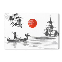 Obraz na płótnie Tradycyjny japoński obraz - człowiek w łodzi oraz żuraw