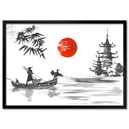 Plakat w ramie Tradycyjny japoński obraz - człowiek w łodzi oraz żuraw