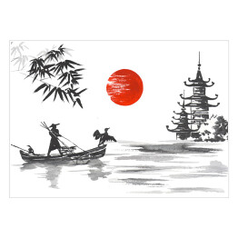 Plakat samoprzylepny Tradycyjny japoński obraz - człowiek w łodzi oraz żuraw