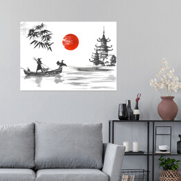 Plakat samoprzylepny Tradycyjny japoński obraz - człowiek w łodzi oraz żuraw