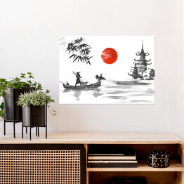 Plakat Tradycyjny japoński obraz - człowiek w łodzi oraz żuraw