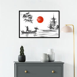 Plakat w ramie Tradycyjny japoński obraz - człowiek w łodzi oraz żuraw